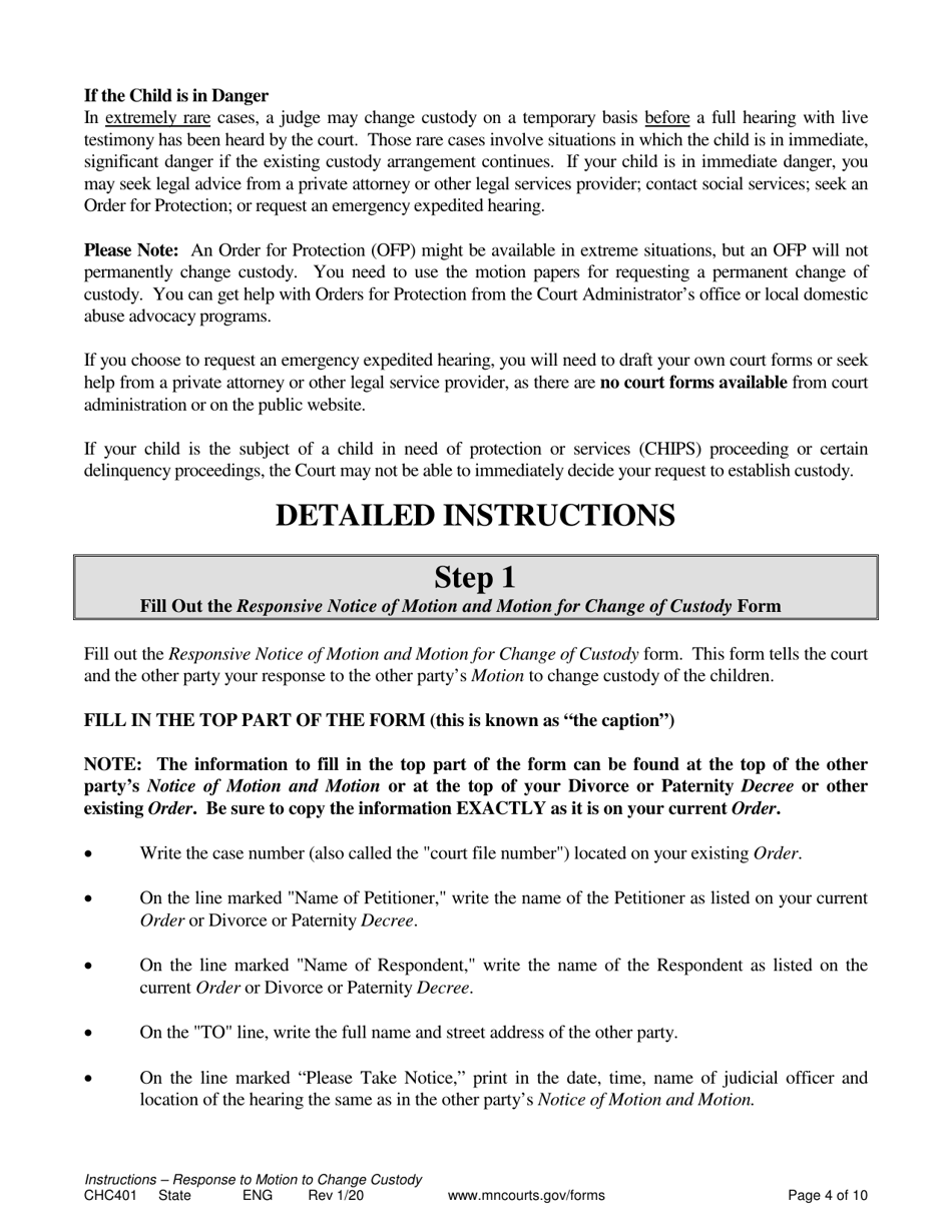 Form CHC401 Instructions - Response to Other Partys Request to Change Child Custody - Minnesota, Page 4