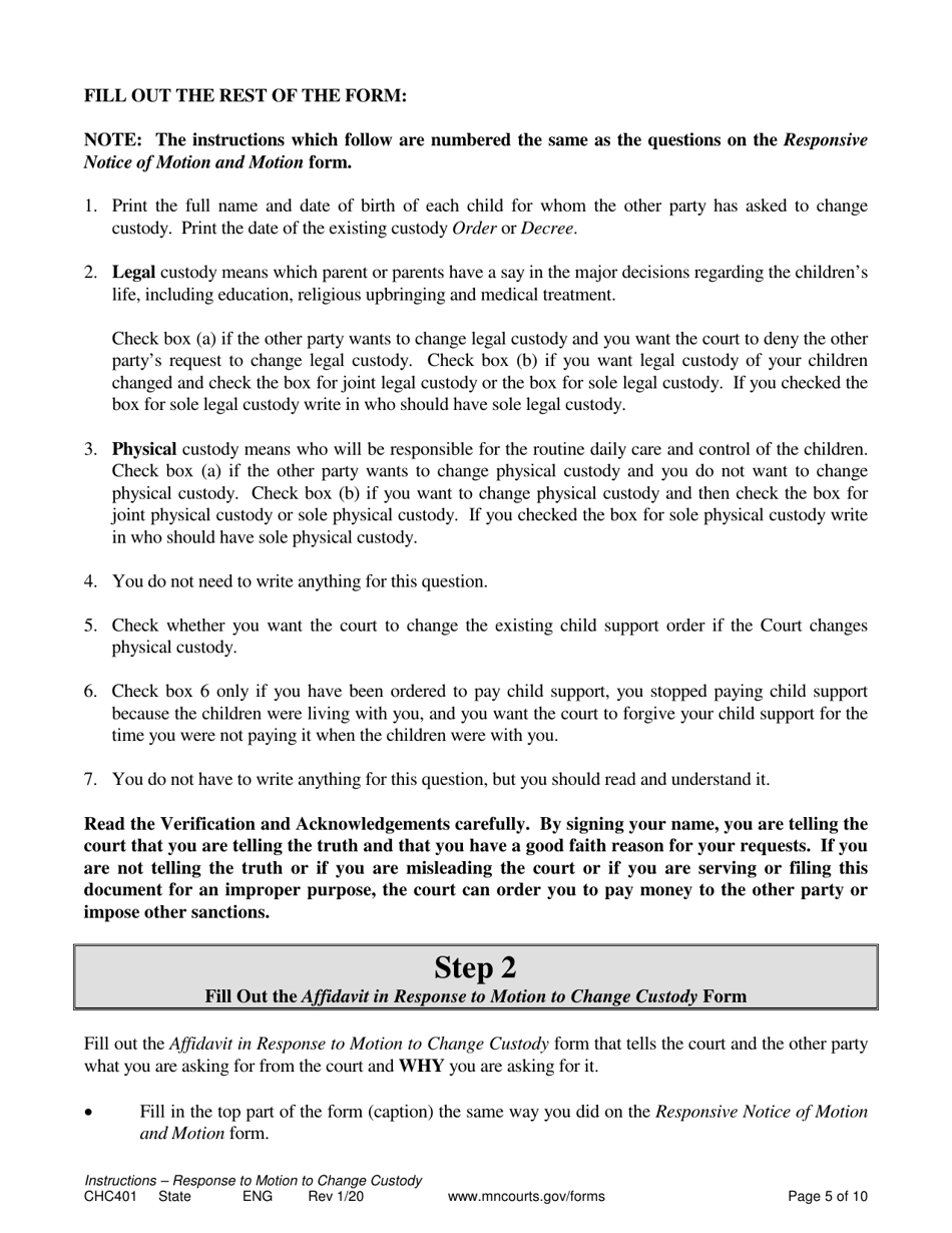 Form CHC401 Instructions - Response to Other Partys Request to Change Child Custody - Minnesota, Page 5