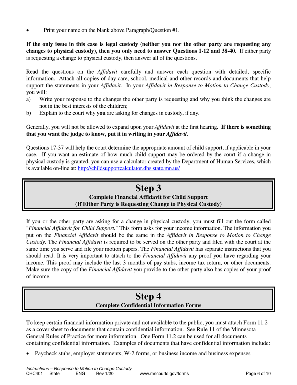 Form CHC401 Instructions - Response to Other Partys Request to Change Child Custody - Minnesota, Page 6