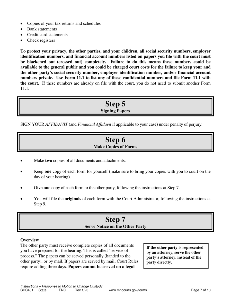 Form CHC401 Instructions - Response to Other Partys Request to Change Child Custody - Minnesota, Page 7