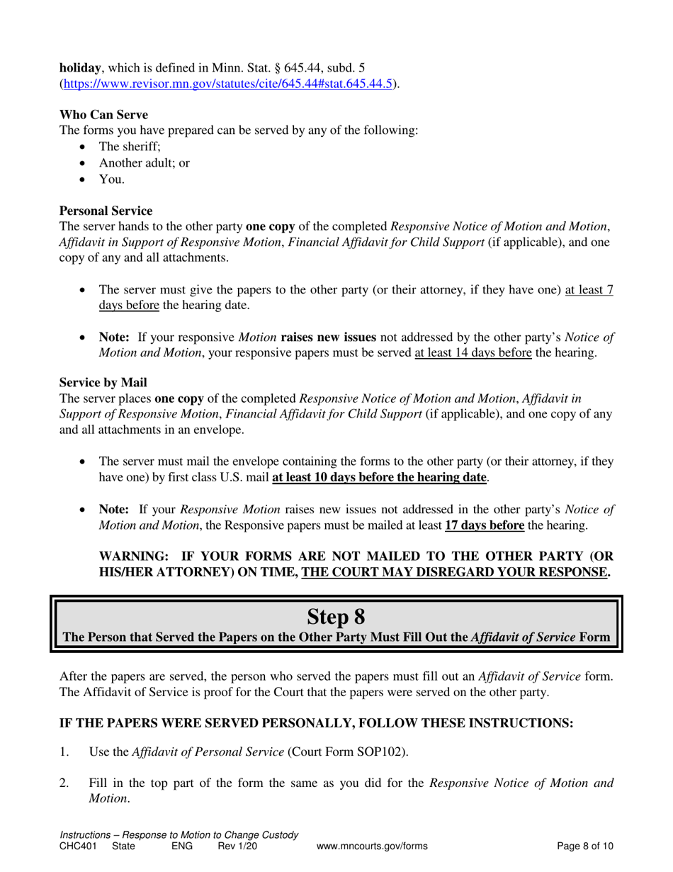Form CHC401 Instructions - Response to Other Partys Request to Change Child Custody - Minnesota, Page 8