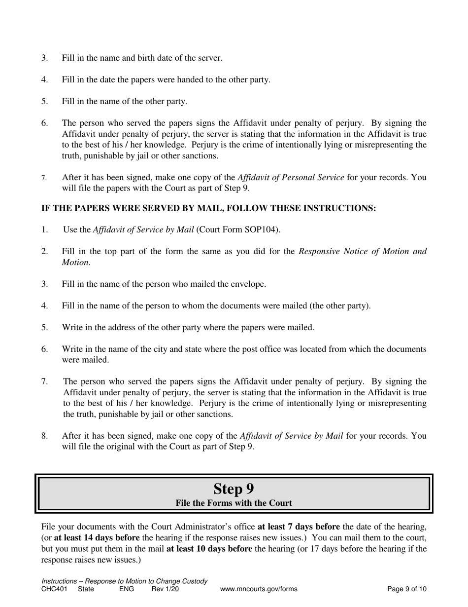 Form CHC401 Instructions - Response to Other Partys Request to Change Child Custody - Minnesota, Page 9