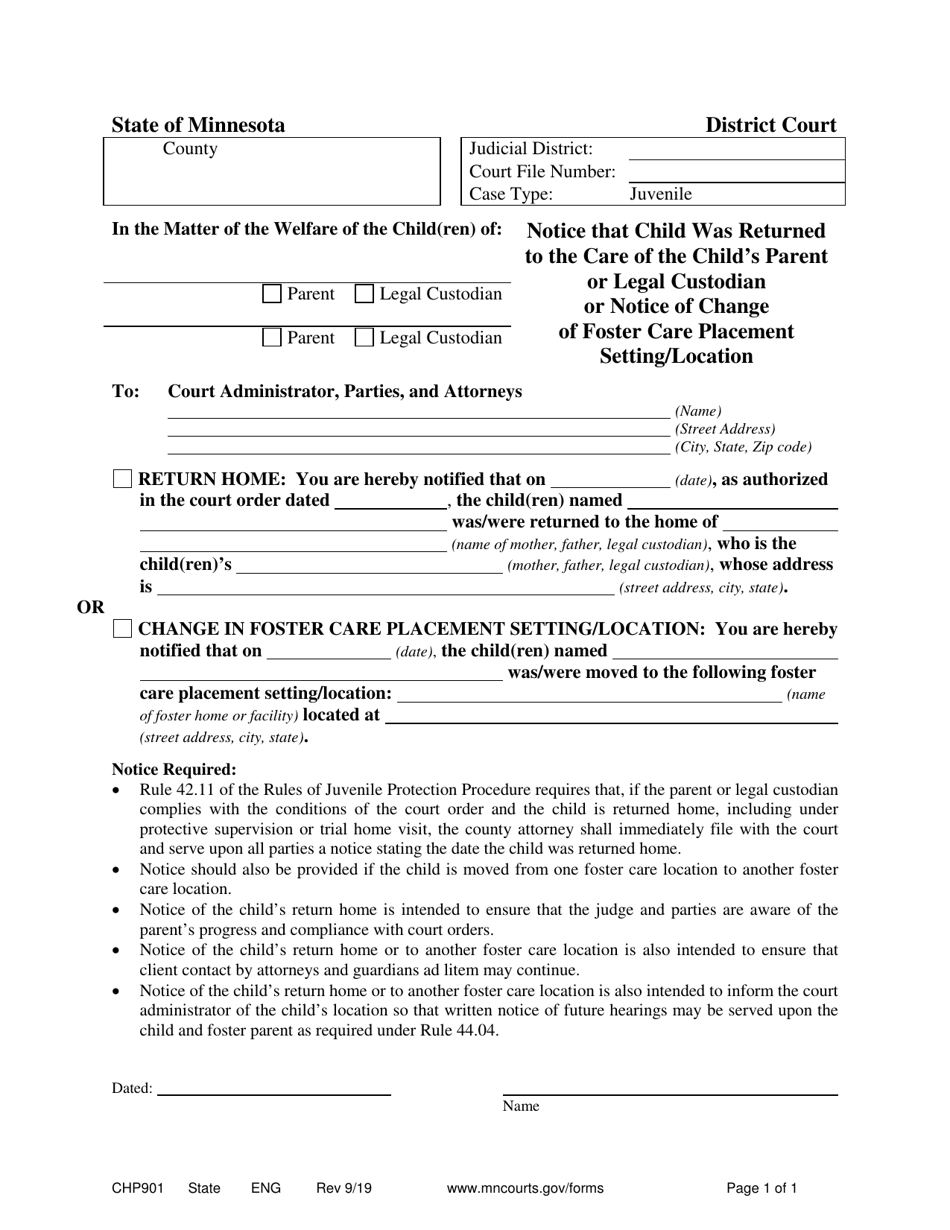 Form CHP901 Notice That Child Was Returned to the Care of the Childs Parent or Legal Custodian or Notice of Change of Foster Care Placement Setting / Location - Minnesota, Page 1