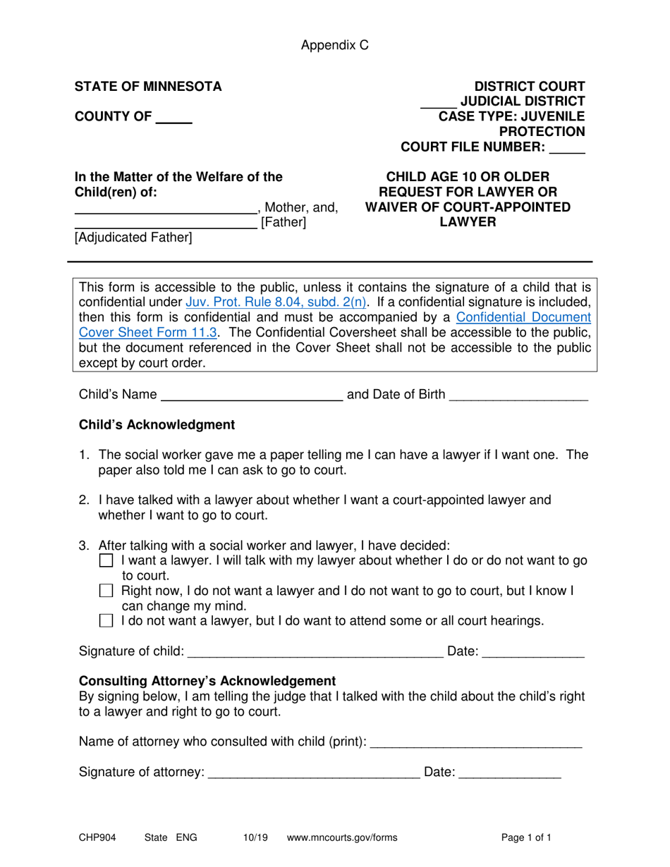 Form CHP904 Appendix C Child Age 10 or Older Request for Lawyer or Waiver of Court-Appointed Lawyer - Minnesota, Page 1