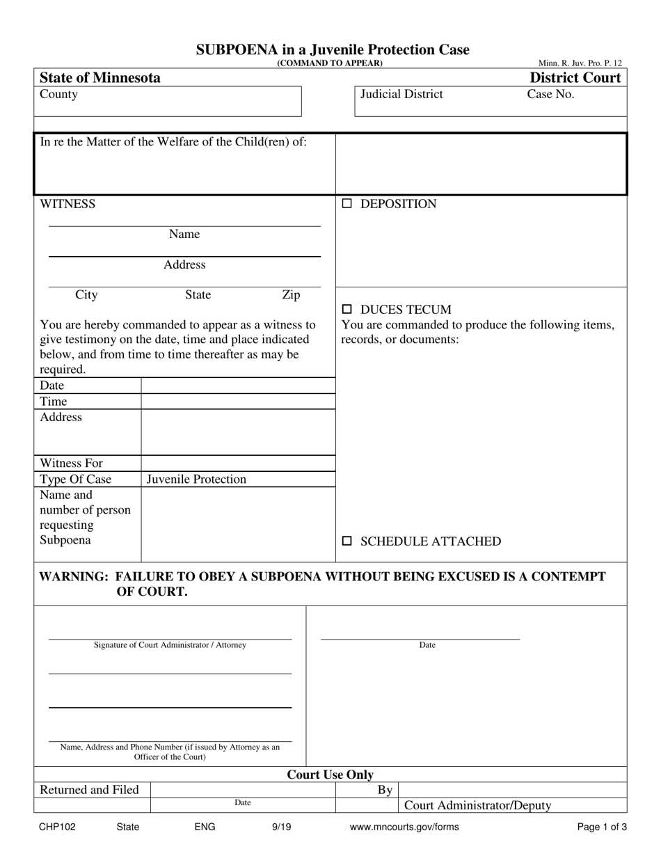 Form CHP102 Subpoena in a Juvenile Protection Case - Minnesota, Page 1