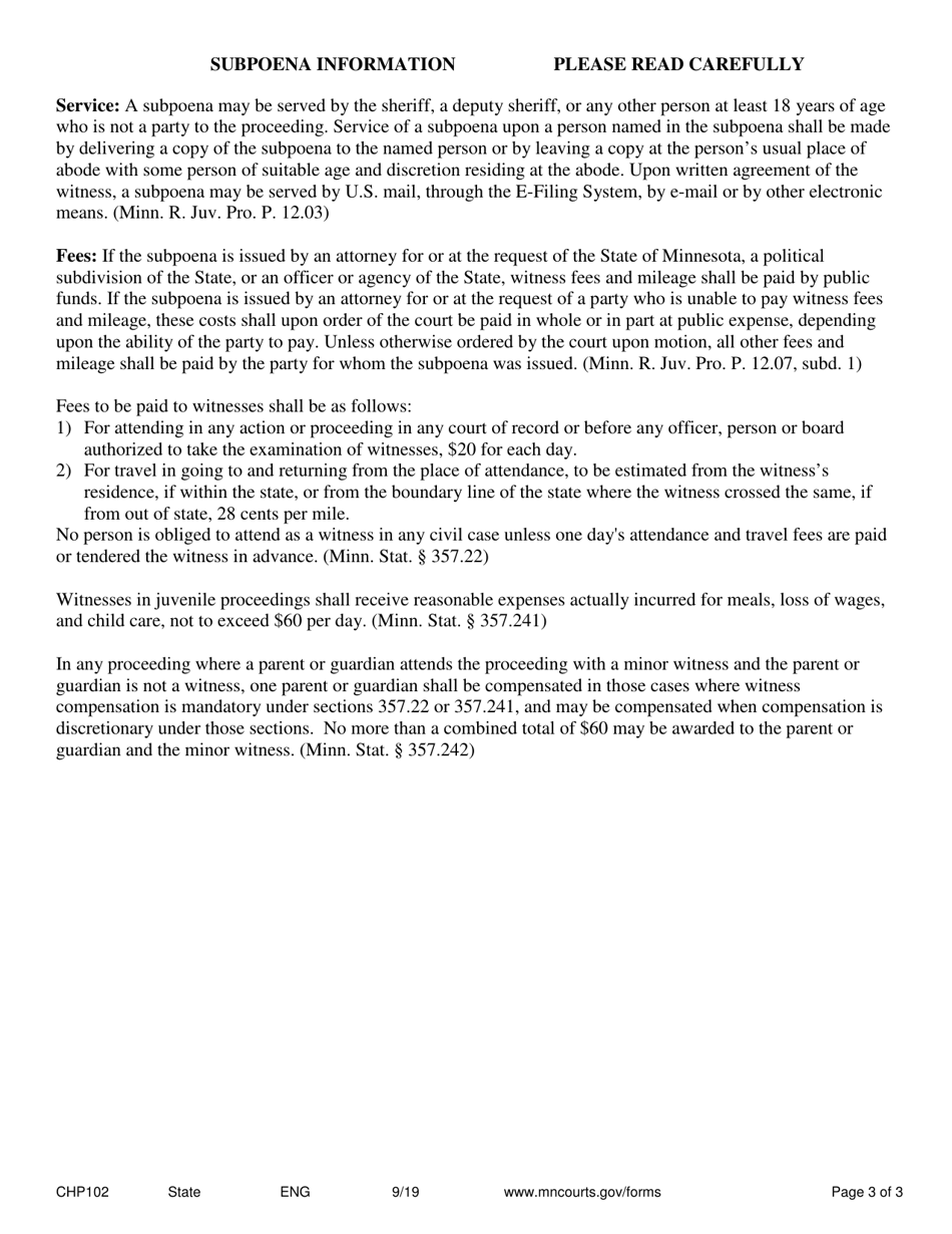 Form CHP102 Subpoena in a Juvenile Protection Case - Minnesota, Page 3