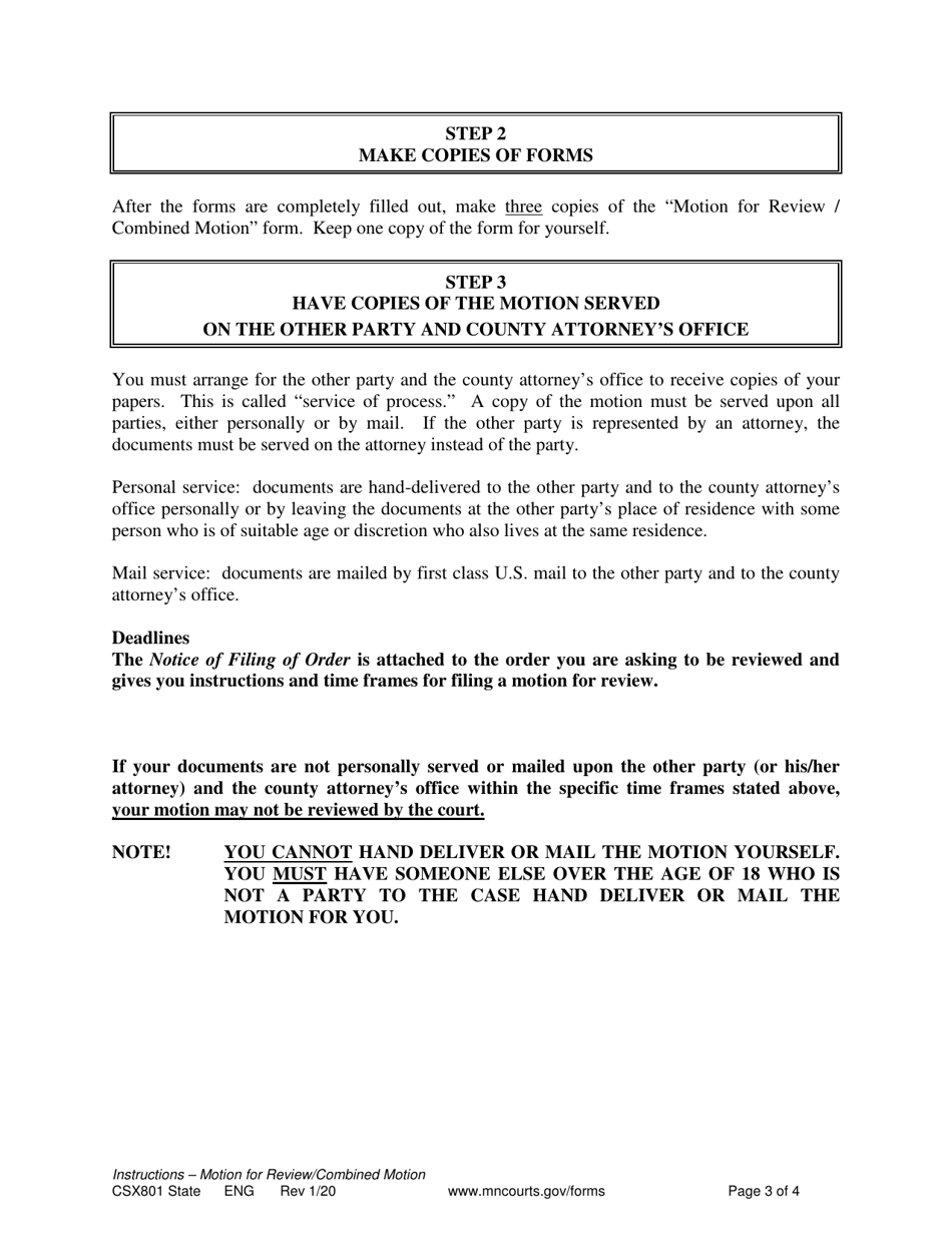 Form CSX801 Instructions - Motion for Review / Combined Motion - Minnesota, Page 3