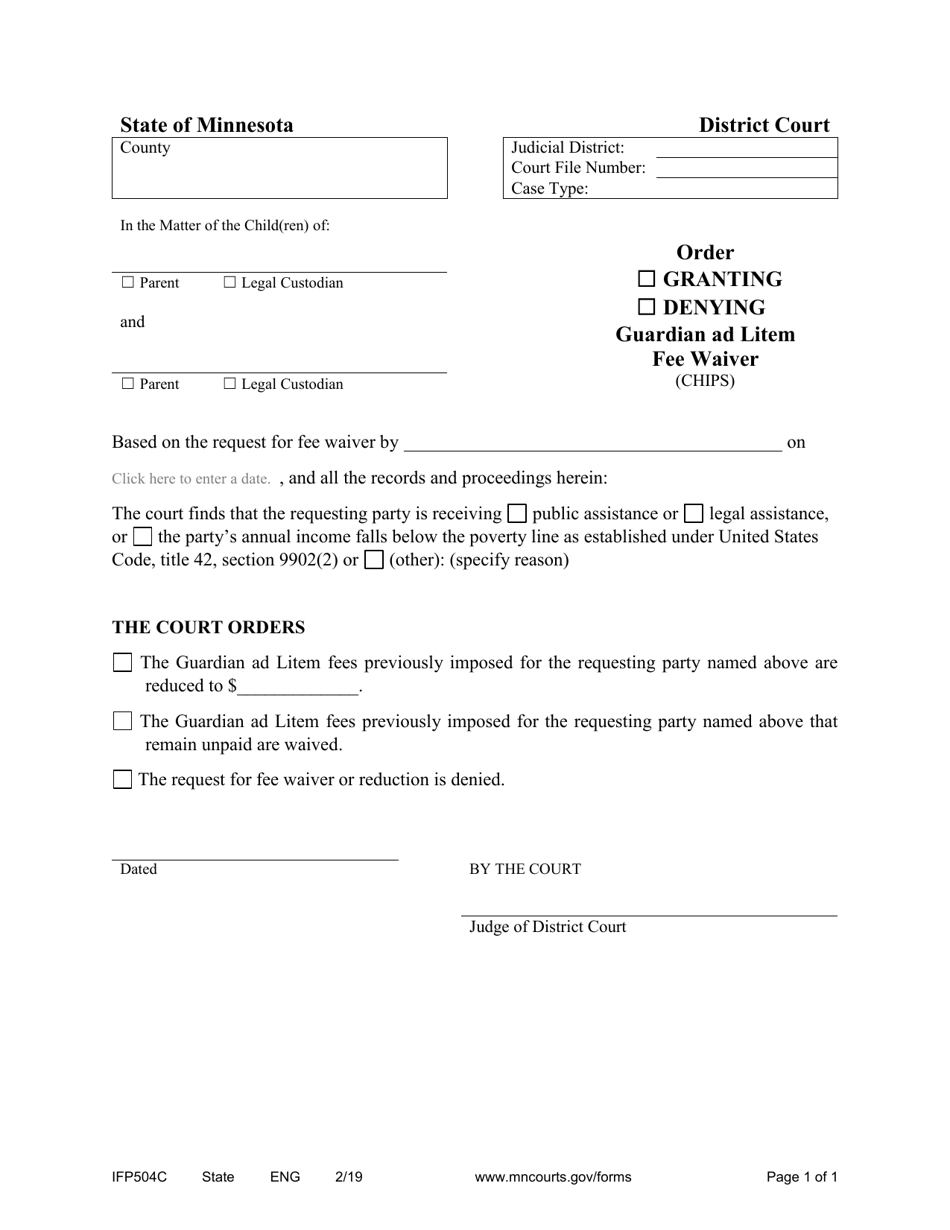 Form IFP504C Order Regarding Guardian Ad Litem Fee Waiver (Chips) - Minnesota, Page 1