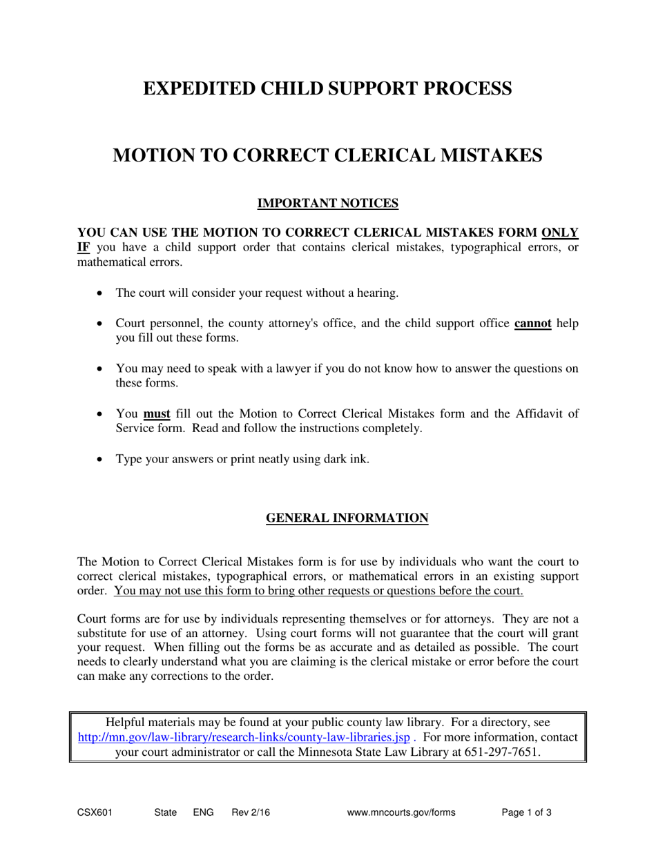 Form CSX601 Instructions - Motion to Correct Clerical Mistakes - Minnesota, Page 1