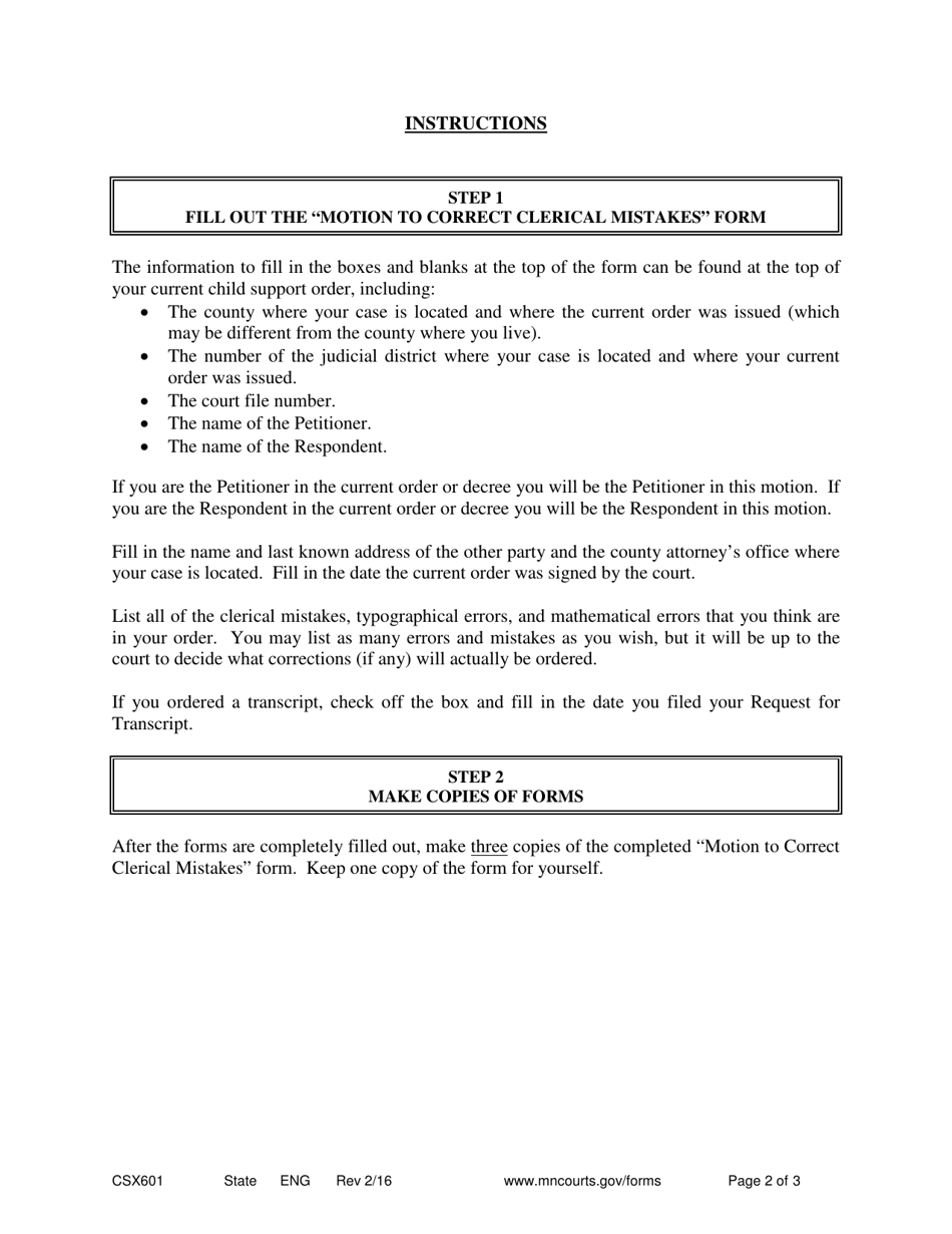 Form CSX601 Instructions - Motion to Correct Clerical Mistakes - Minnesota, Page 2