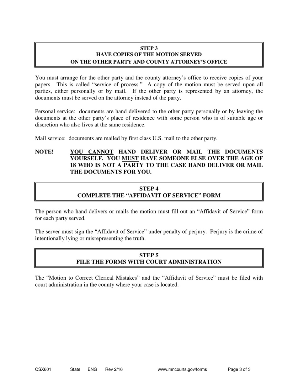 Form CSX601 Instructions - Motion to Correct Clerical Mistakes - Minnesota, Page 3