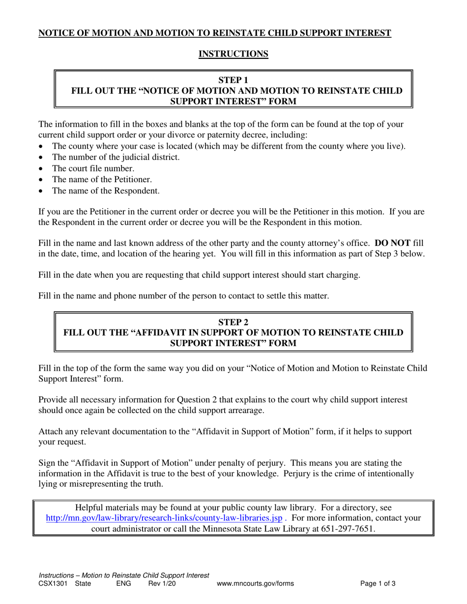 Form CSX1301 Instructions - Motion to Reinstate Child Support Interest - Minnesota, Page 1
