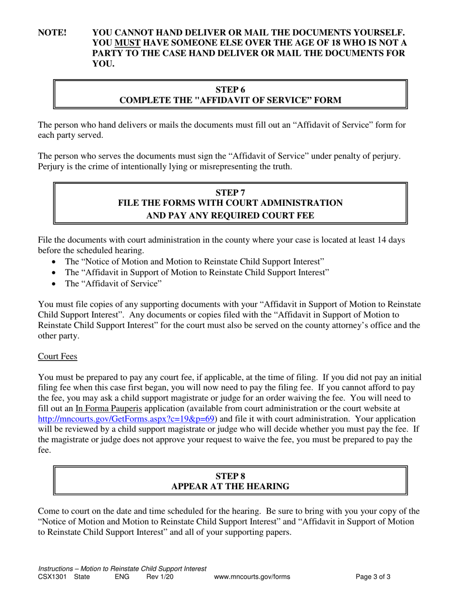 Form CSX1301 Instructions - Motion to Reinstate Child Support Interest - Minnesota, Page 3