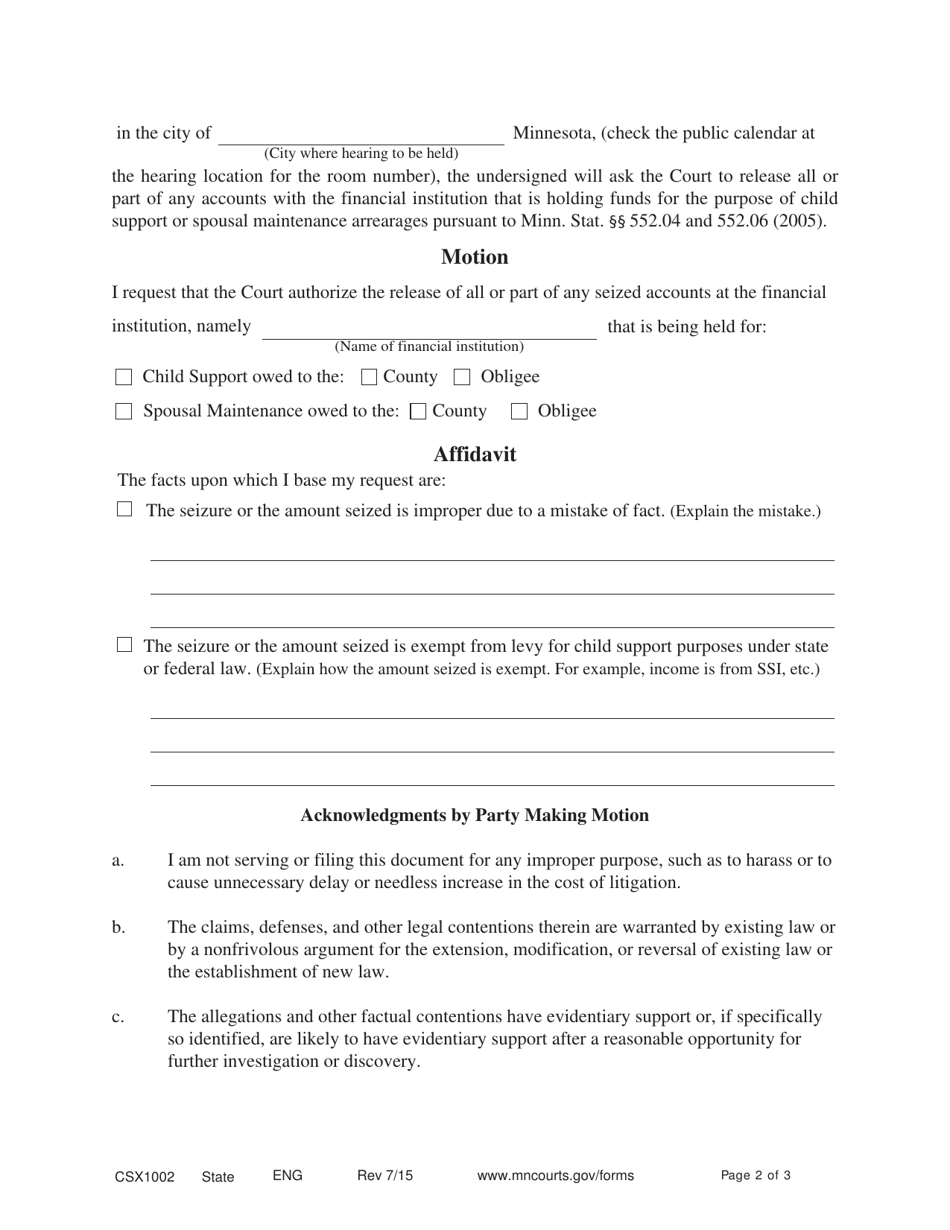 Form CSX1002 Motion and Affidavit to Contest Support Judgment Levy - Minnesota, Page 2