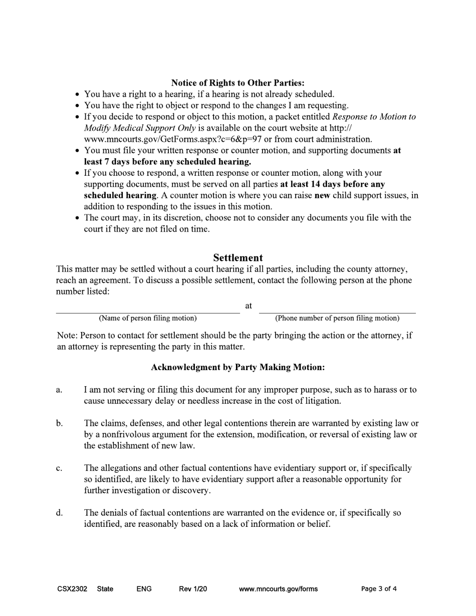 Form CSX2302 Notice of Motion and Motion to Modify Medical Support Only - Minnesota, Page 3