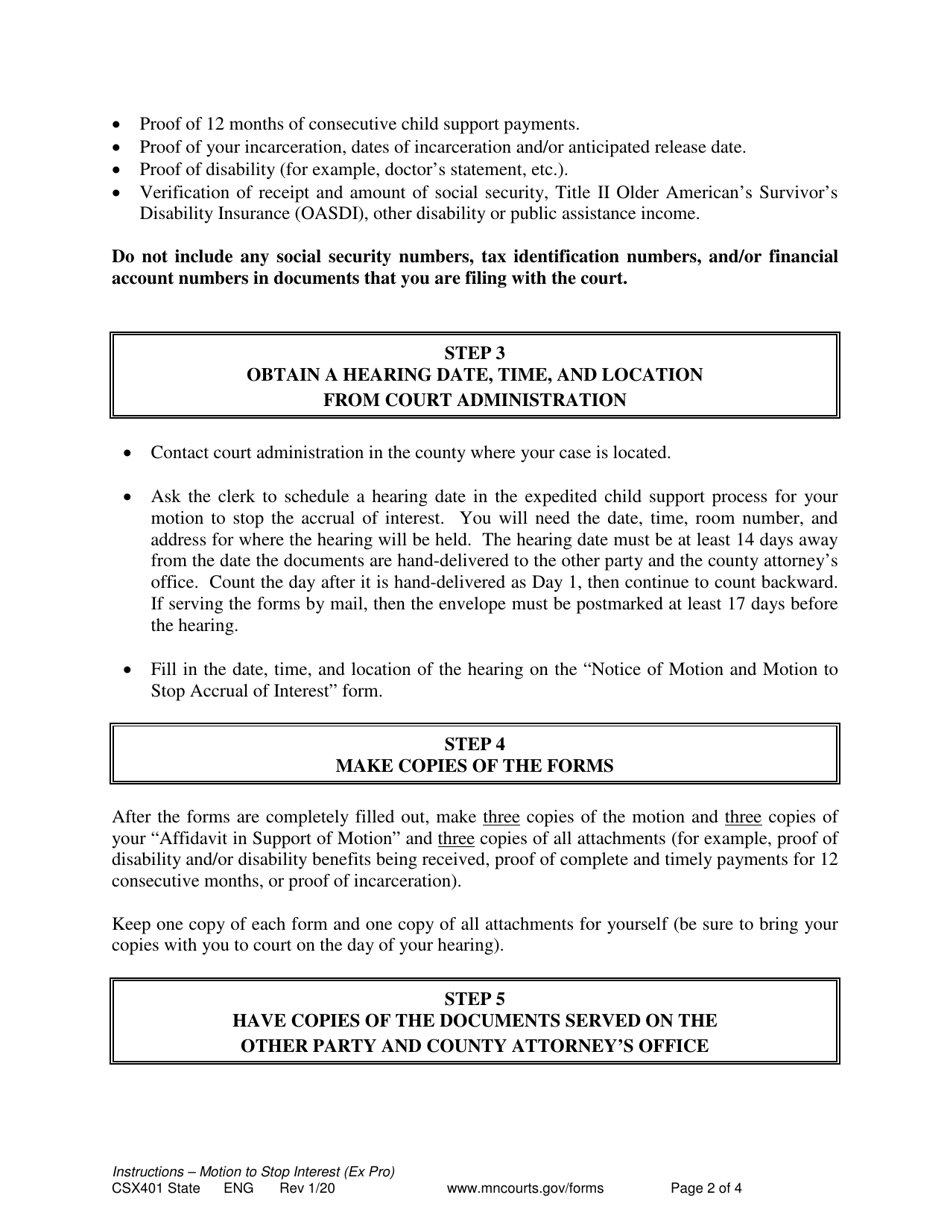 Form CSX401 Notice of Motion and Motion to Stop Accrual of Child Support Interest Instructions - Minnesota, Page 2