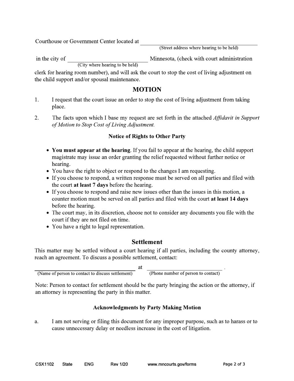 Form CSX1102 Notice of Motion and Motion to Stop Cost of Living Adjustment - Minnesota, Page 2