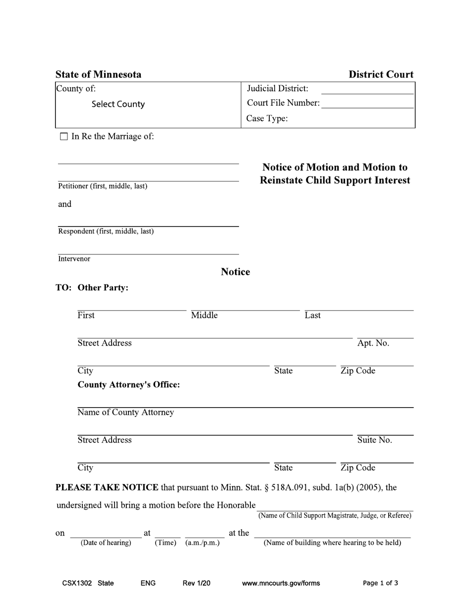 Form CSX1302 Notice of Motion and Motion to Reinstate Child Support Interest - Minnesota, Page 1