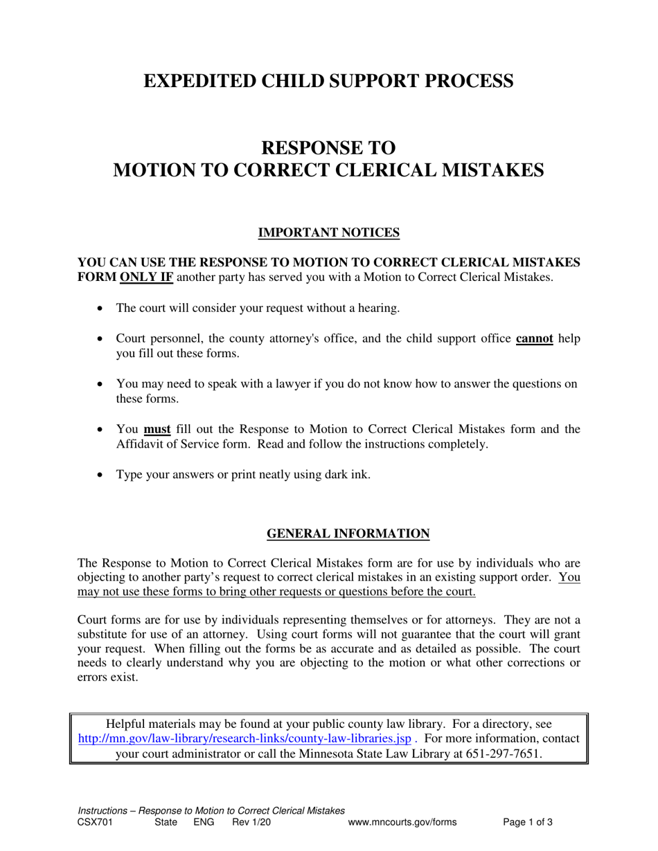 Form CSX701 Instructions - Response to Motion to Correct Clerical Mistakes - Minnesota, Page 1