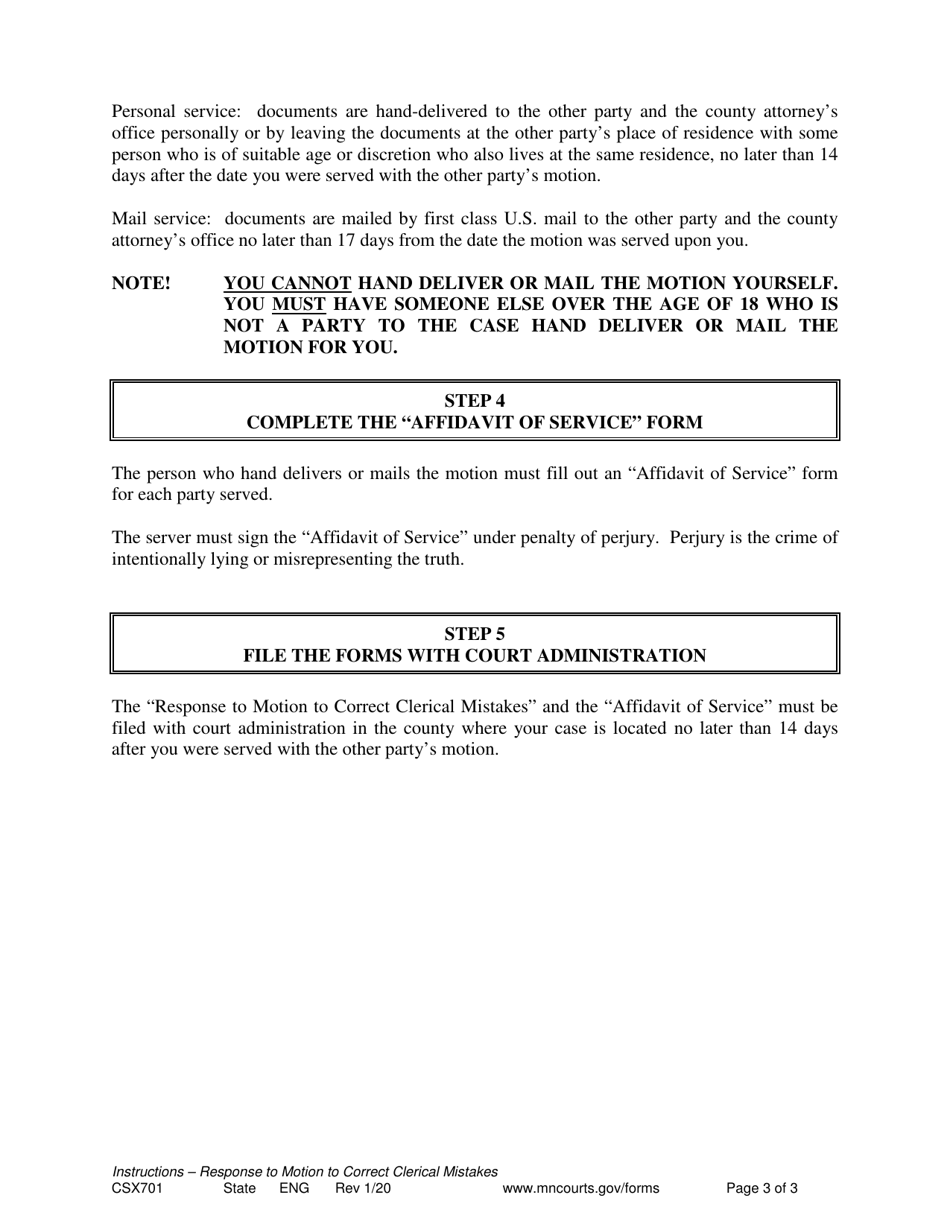 Form CSX701 Instructions - Response to Motion to Correct Clerical Mistakes - Minnesota, Page 3