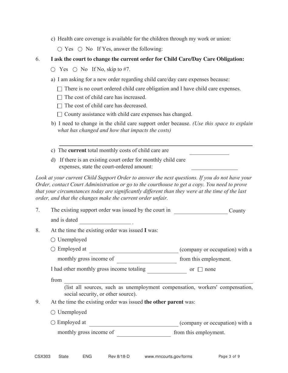 Form CSX303 Affidavit Supporting Response to Motion to Modify Support - Minnesota, Page 3