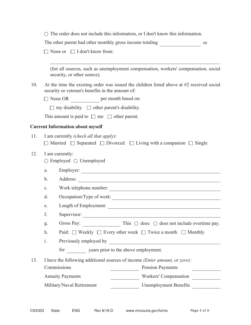 Form CSX303 Affidavit Supporting Response to Motion to Modify Support - Minnesota, Page 4