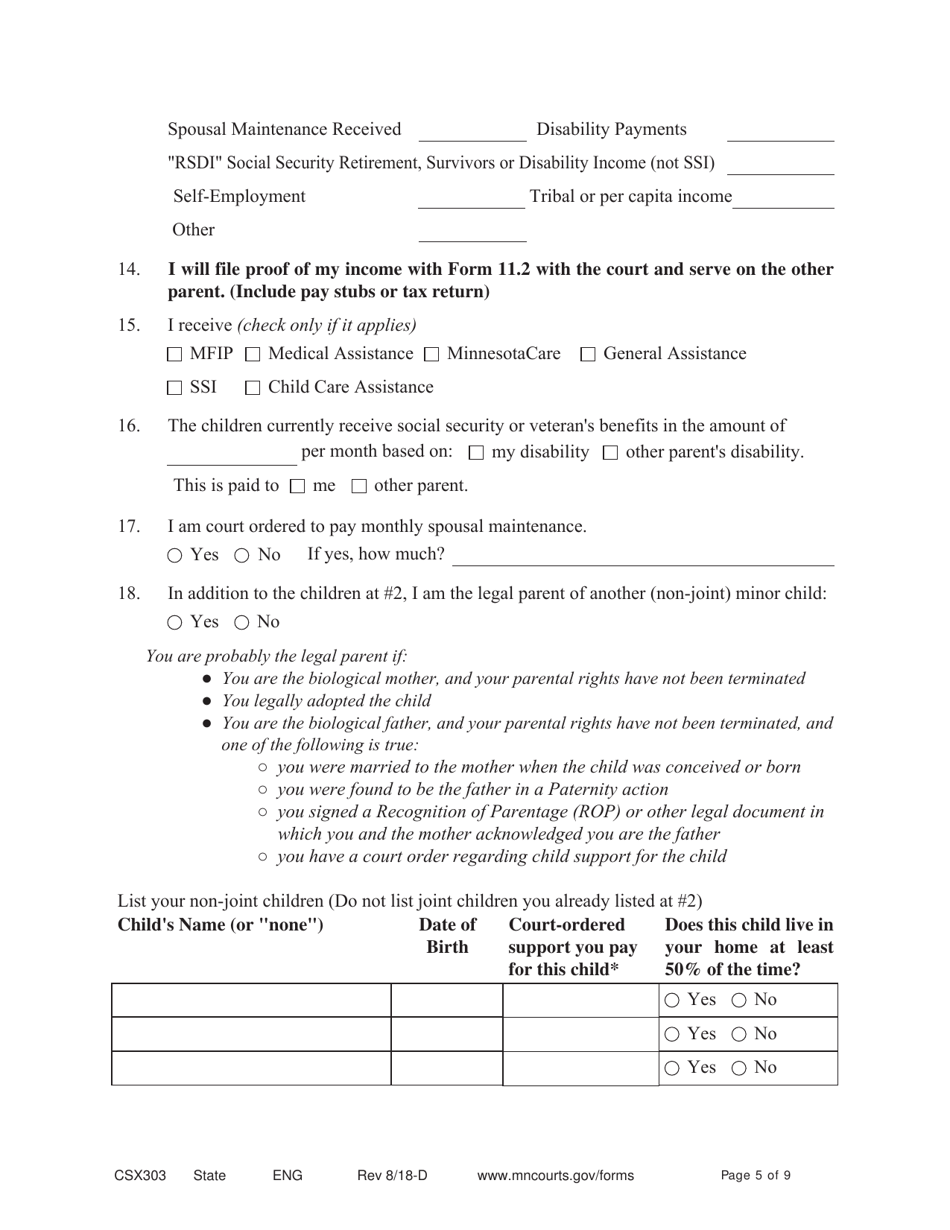Form CSX303 Affidavit Supporting Response to Motion to Modify Support - Minnesota, Page 5
