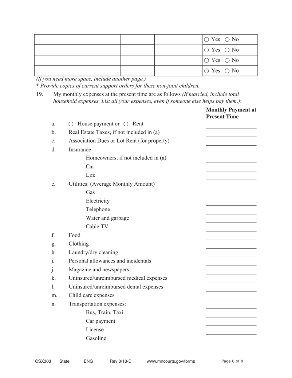 Form CSX303 Affidavit Supporting Response to Motion to Modify Support - Minnesota, Page 6