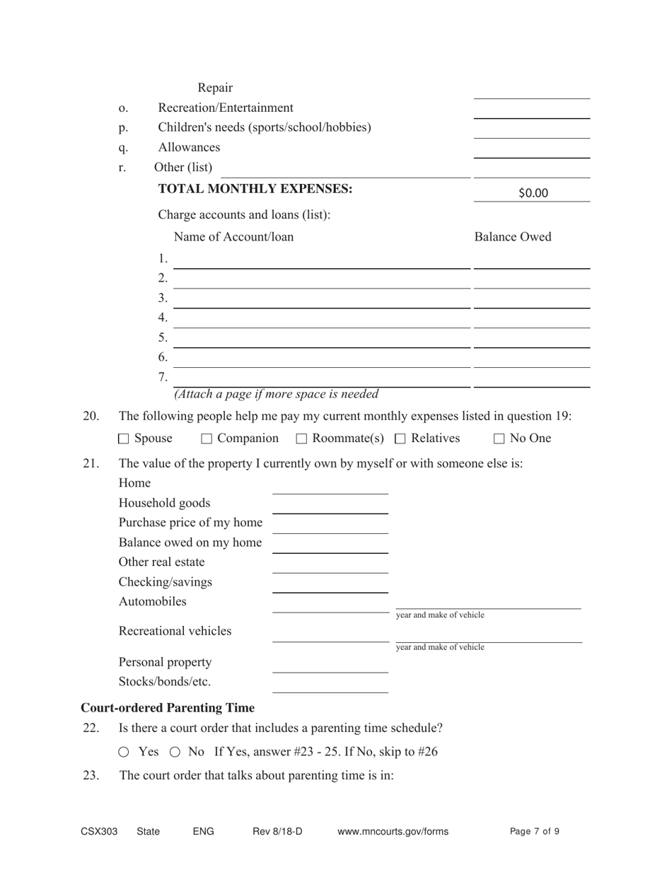Form CSX303 Affidavit Supporting Response to Motion to Modify Support - Minnesota, Page 7