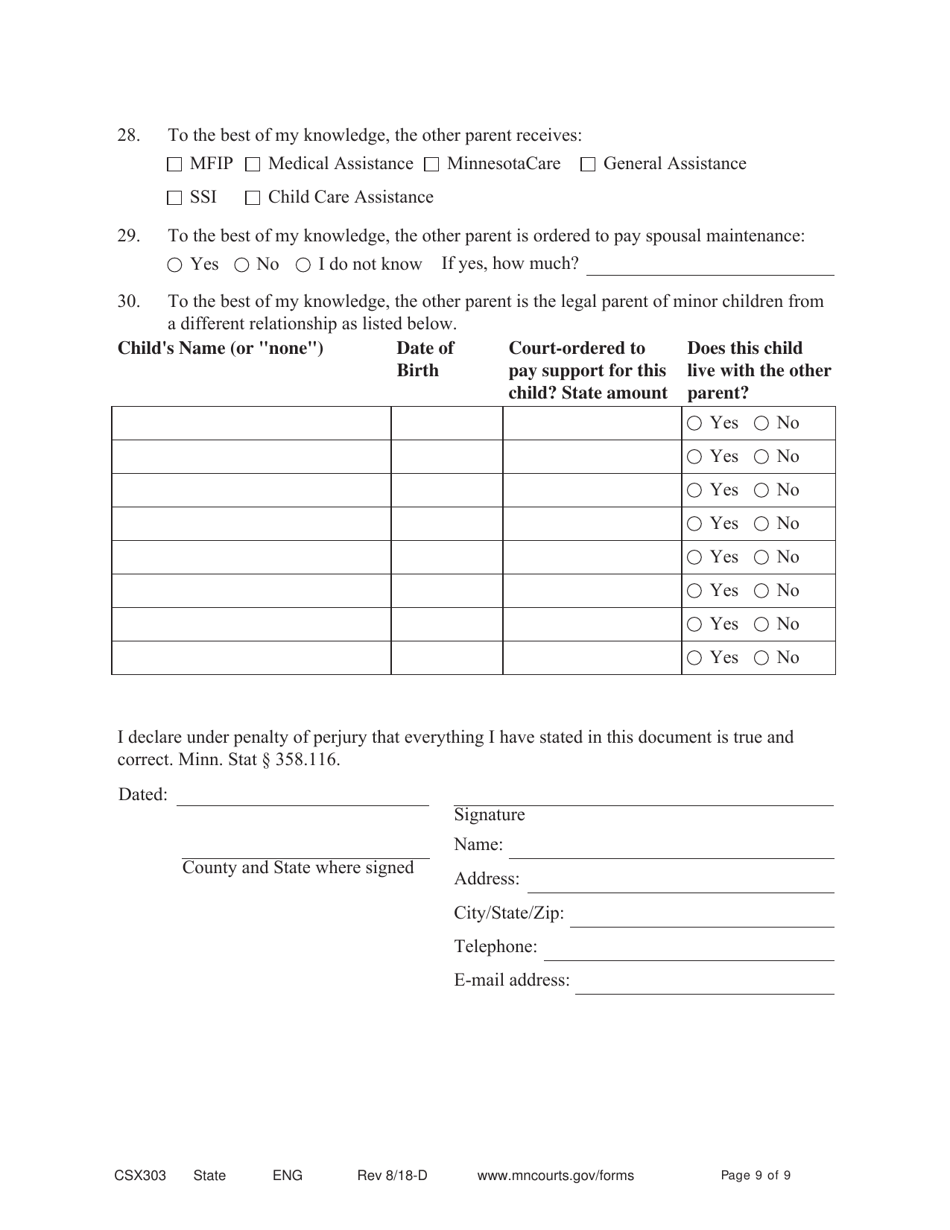Form CSX303 Affidavit Supporting Response to Motion to Modify Support - Minnesota, Page 9