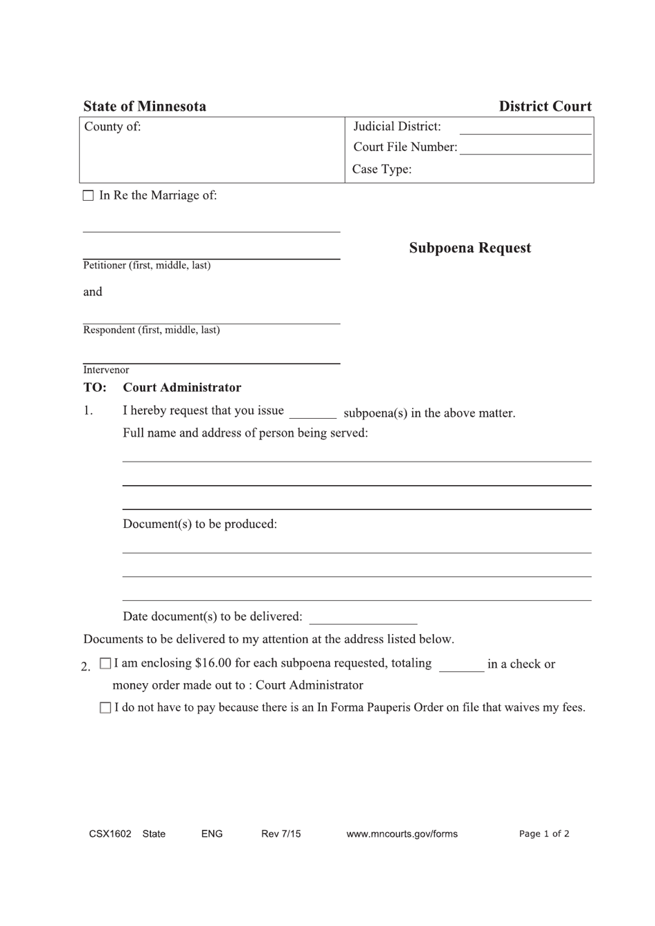 Form CSX1602 Request for Subpoena - Minnesota, Page 1
