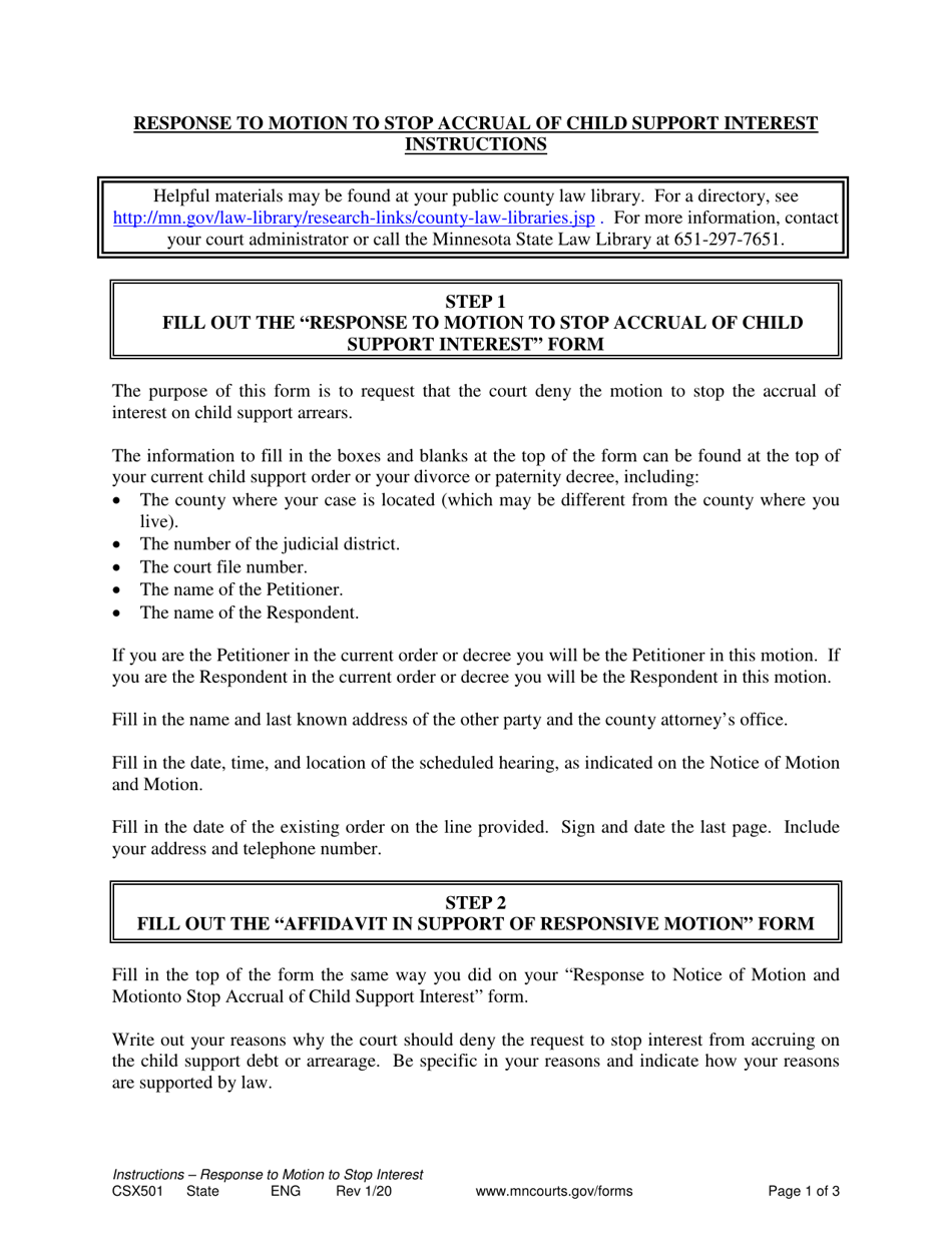 Form CSX501 Response to Motion to Stop Accrual of Child Support Interest Instructions - Minnesota, Page 1