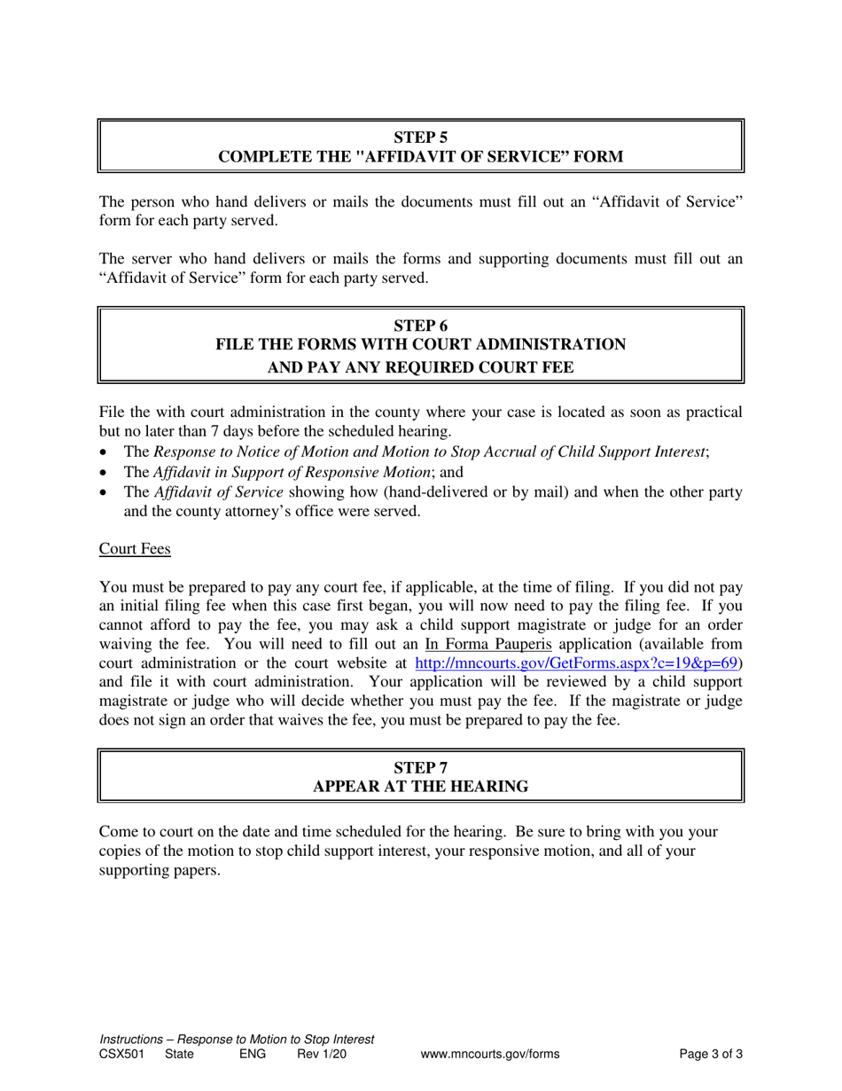 Form CSX501 Response to Motion to Stop Accrual of Child Support Interest Instructions - Minnesota, Page 3