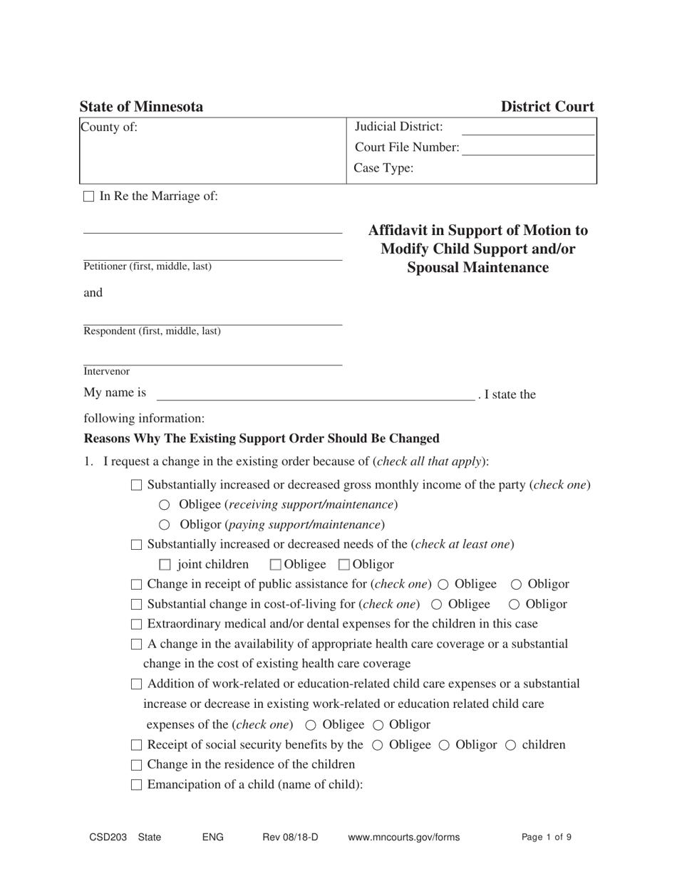 Form CSD203 Affidavit in Support of Motion to Modify - Minnesota, Page 1