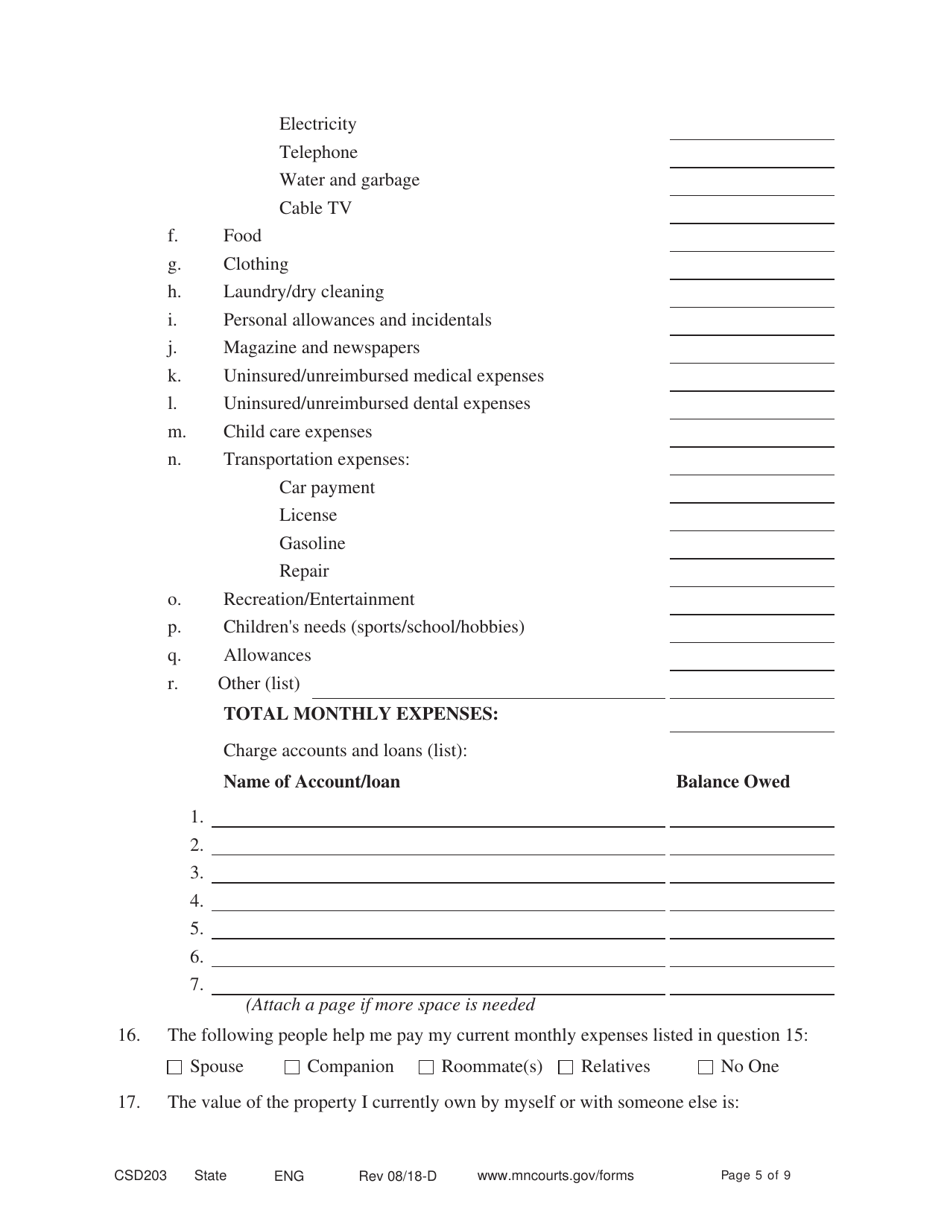 Form CSD203 Affidavit in Support of Motion to Modify - Minnesota, Page 5