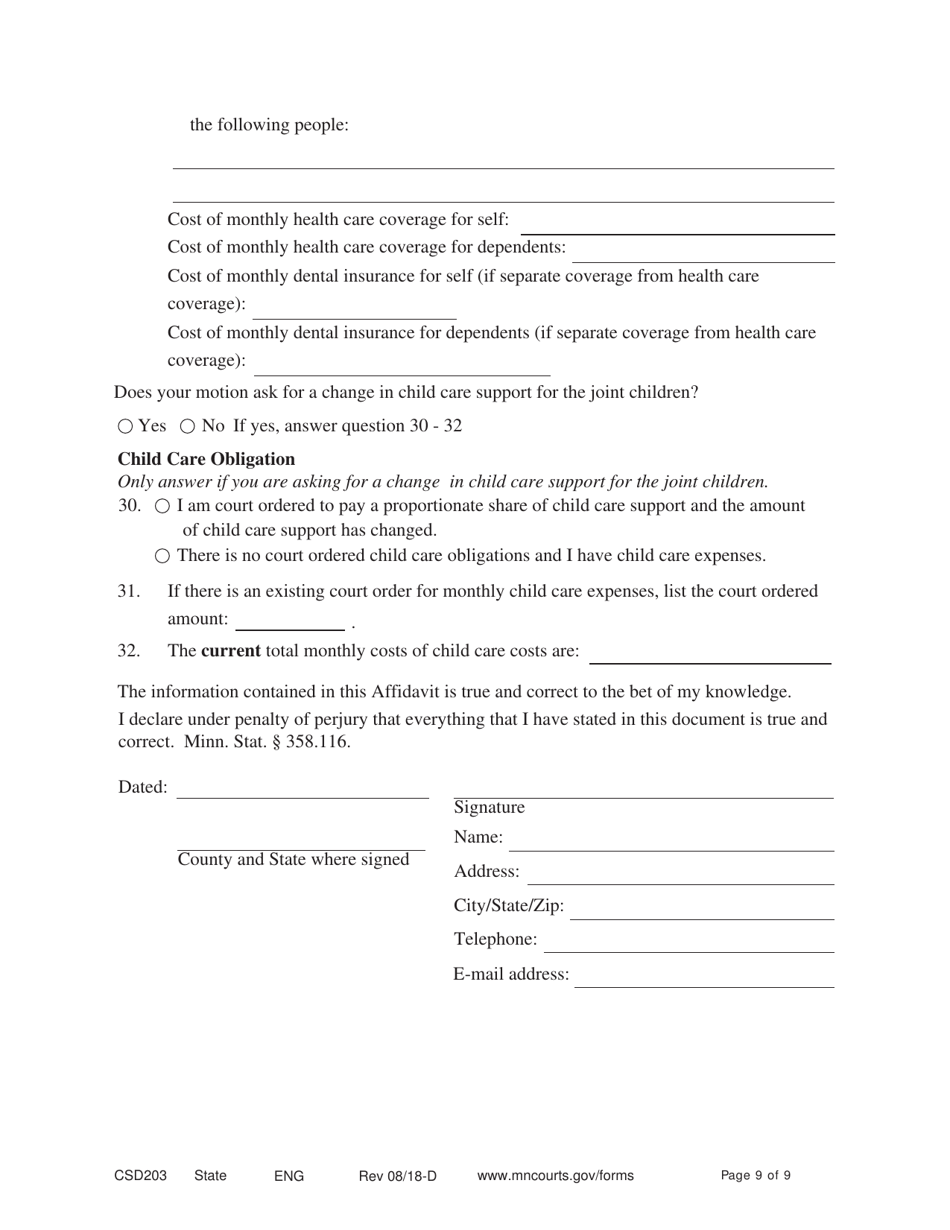 Form CSD203 Affidavit in Support of Motion to Modify - Minnesota, Page 9