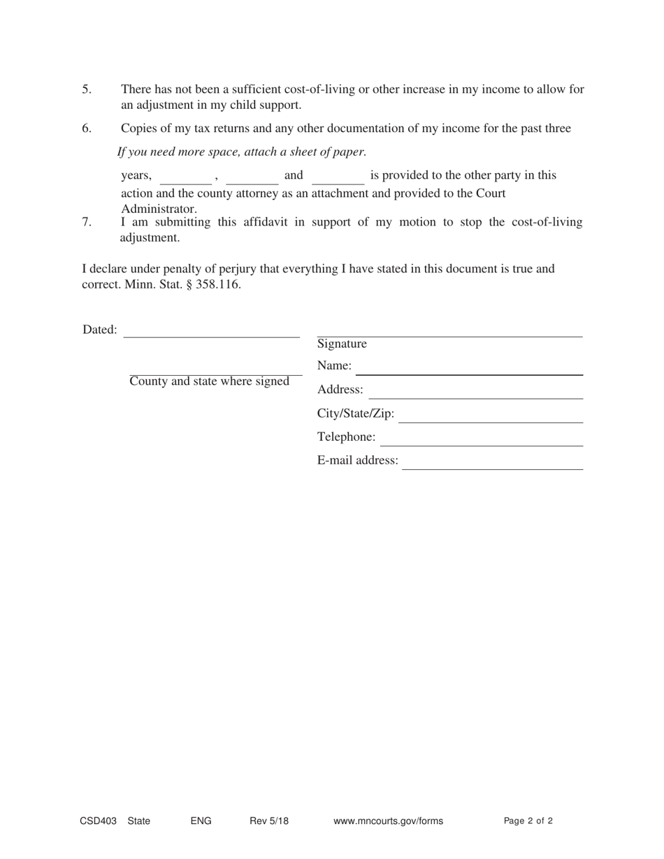 Form CSD403 Affidavit in Support of Motion - Minnesota, Page 2