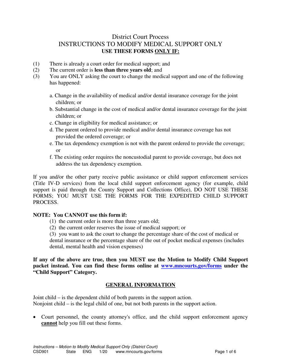 Form CSD901 Instructions to Modify Medical Support Only - Minnesota, Page 1