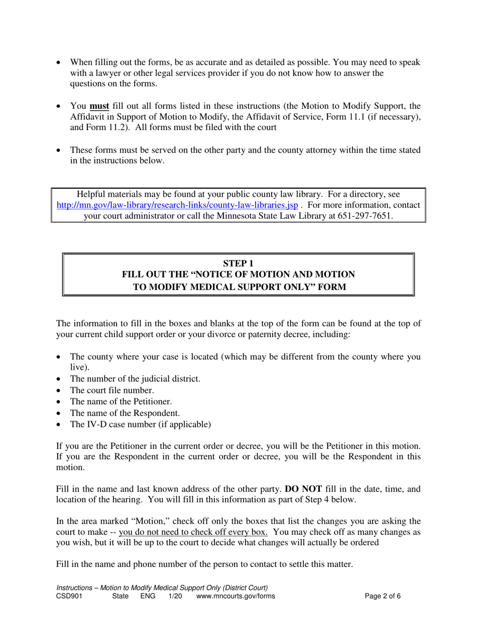 Form CSD901 Instructions to Modify Medical Support Only - Minnesota, Page 2