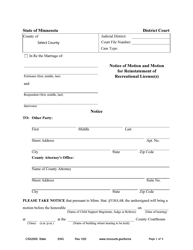 Document preview: Form CSX2502 Notice of Motion and Motion for Reinstatement of Recreational License(S) - Minnesota