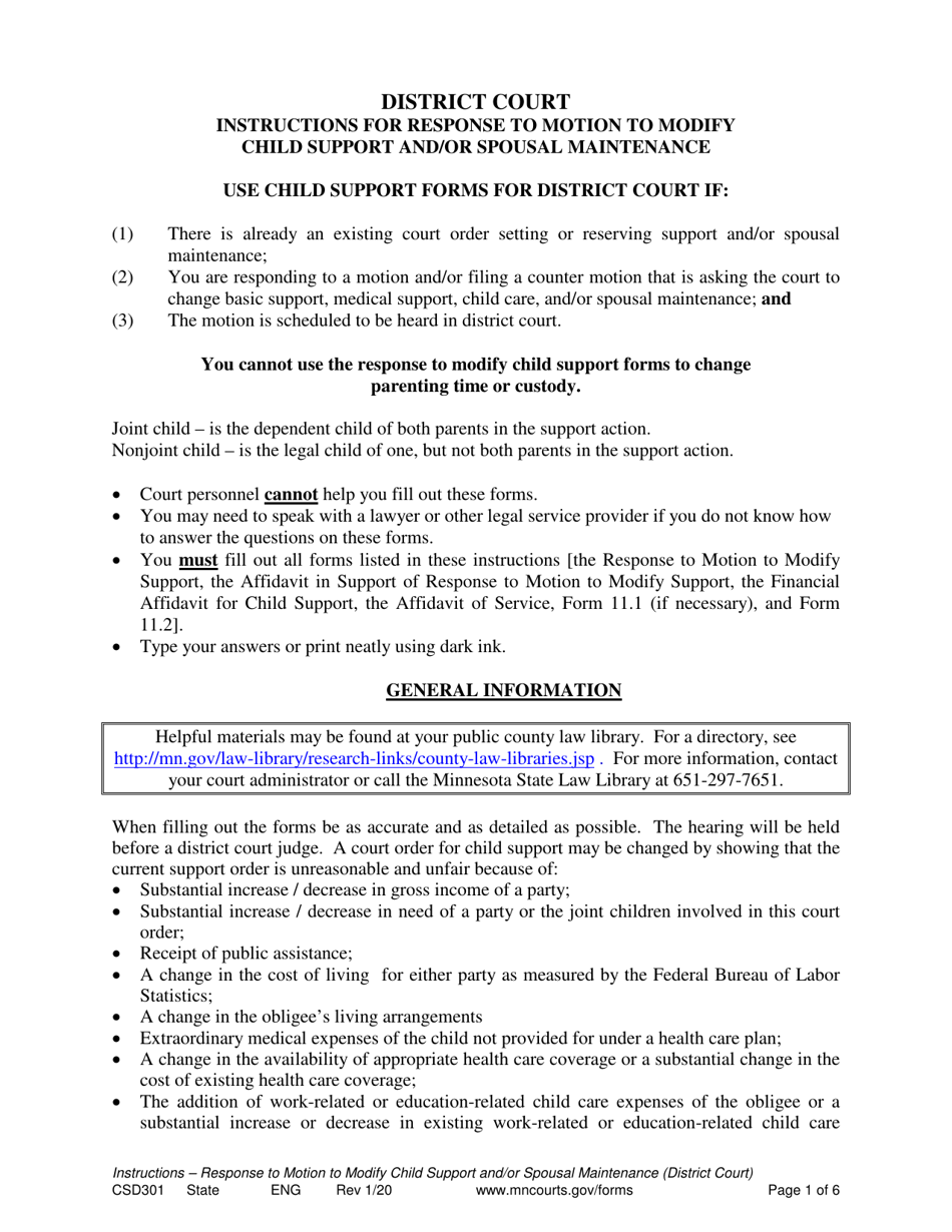 Form CSD301 Instructions for Response to Motion to Modify Child Support and / or Spousal Maintenance - Minnesota, Page 1