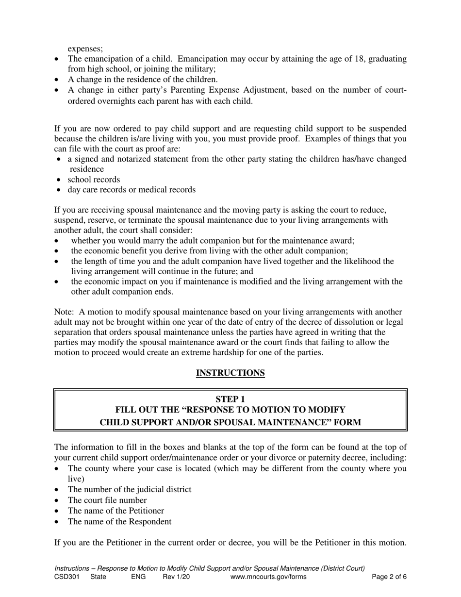 Form CSD301 Instructions for Response to Motion to Modify Child Support and / or Spousal Maintenance - Minnesota, Page 2