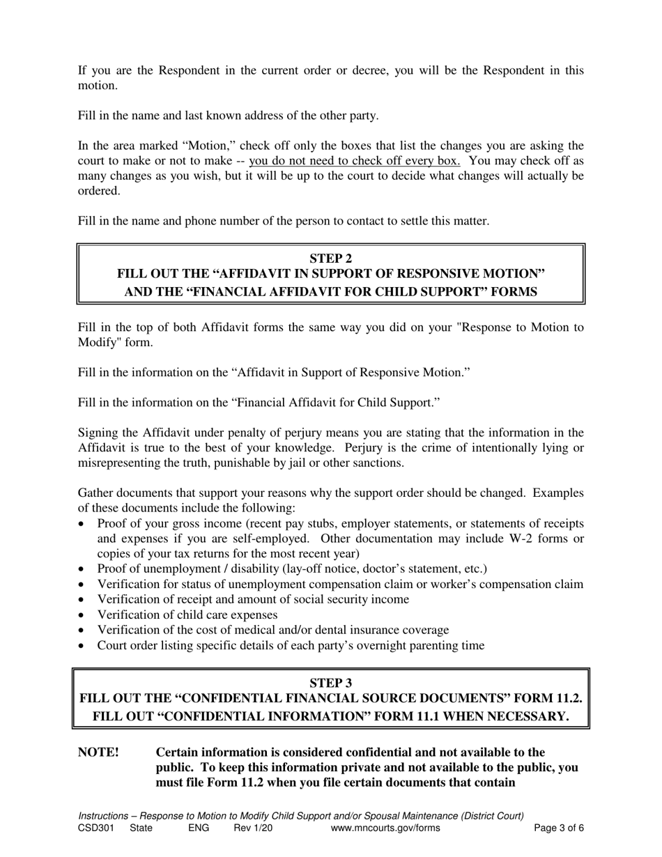 Form CSD301 Instructions for Response to Motion to Modify Child Support and / or Spousal Maintenance - Minnesota, Page 3