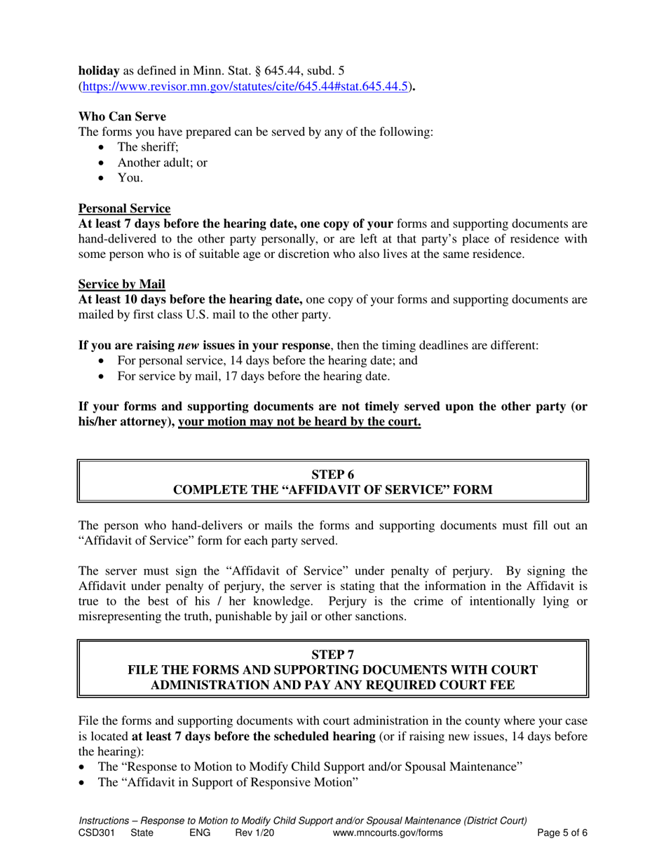 Form CSD301 Instructions for Response to Motion to Modify Child Support and / or Spousal Maintenance - Minnesota, Page 5