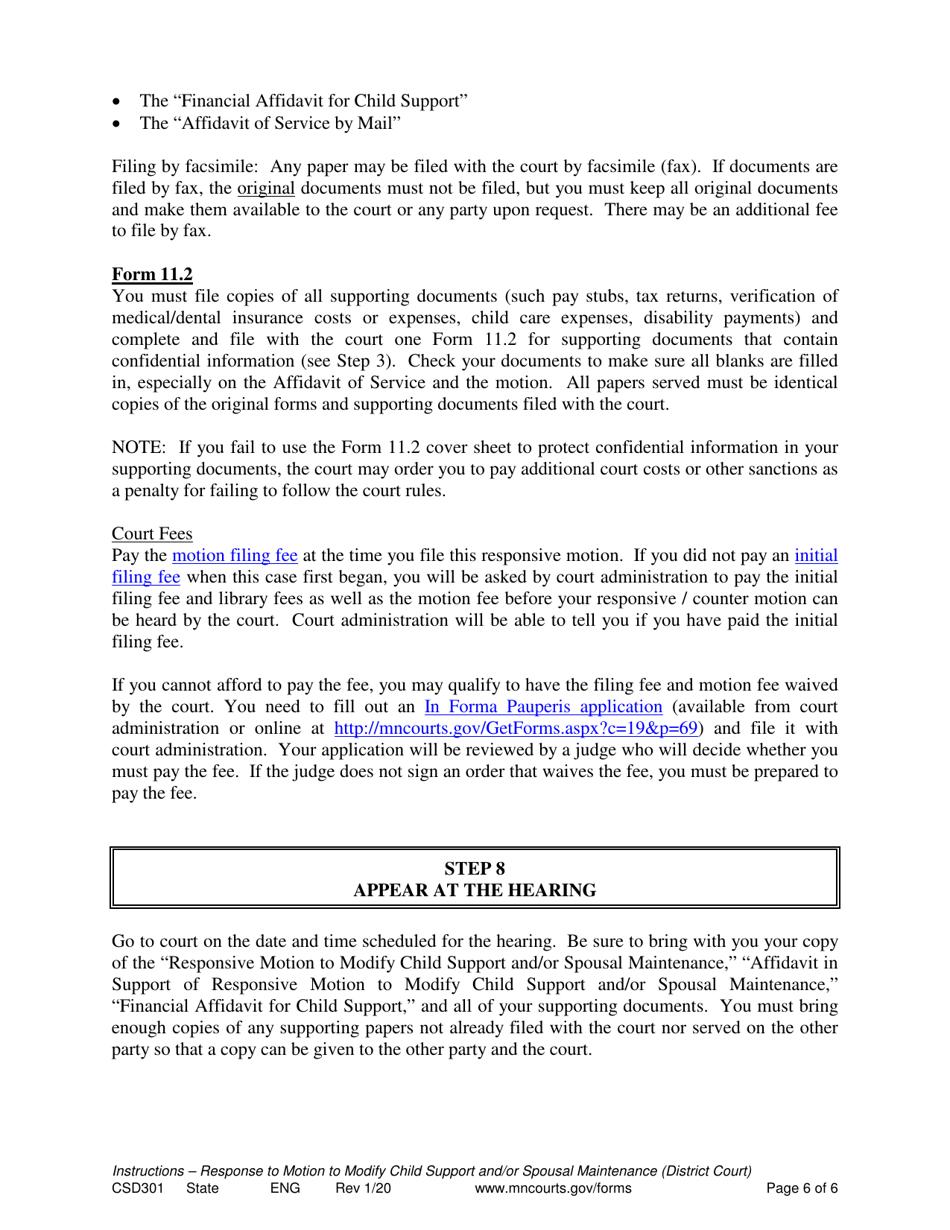 Form CSD301 Instructions for Response to Motion to Modify Child Support and / or Spousal Maintenance - Minnesota, Page 6