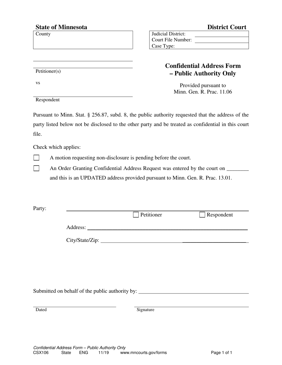 Form CSX106 Confidential Address Form - Public Authority Only - Minnesota, Page 1