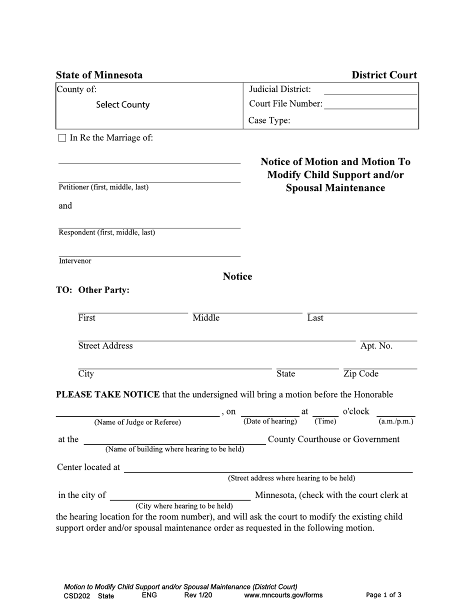 Form CSD202 Notice of Motion and Motion to Modify Child Support and / or Spousal Maintenance - Minnesota, Page 1