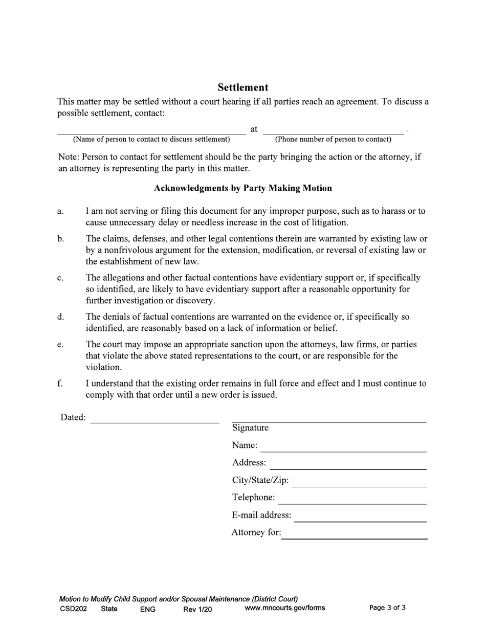 Form CSD202 Notice of Motion and Motion to Modify Child Support and / or Spousal Maintenance - Minnesota, Page 3