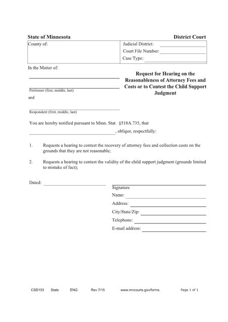 Form CSD103 Request for Hearing on Reasonableness of Attorney Fees - Minnesota