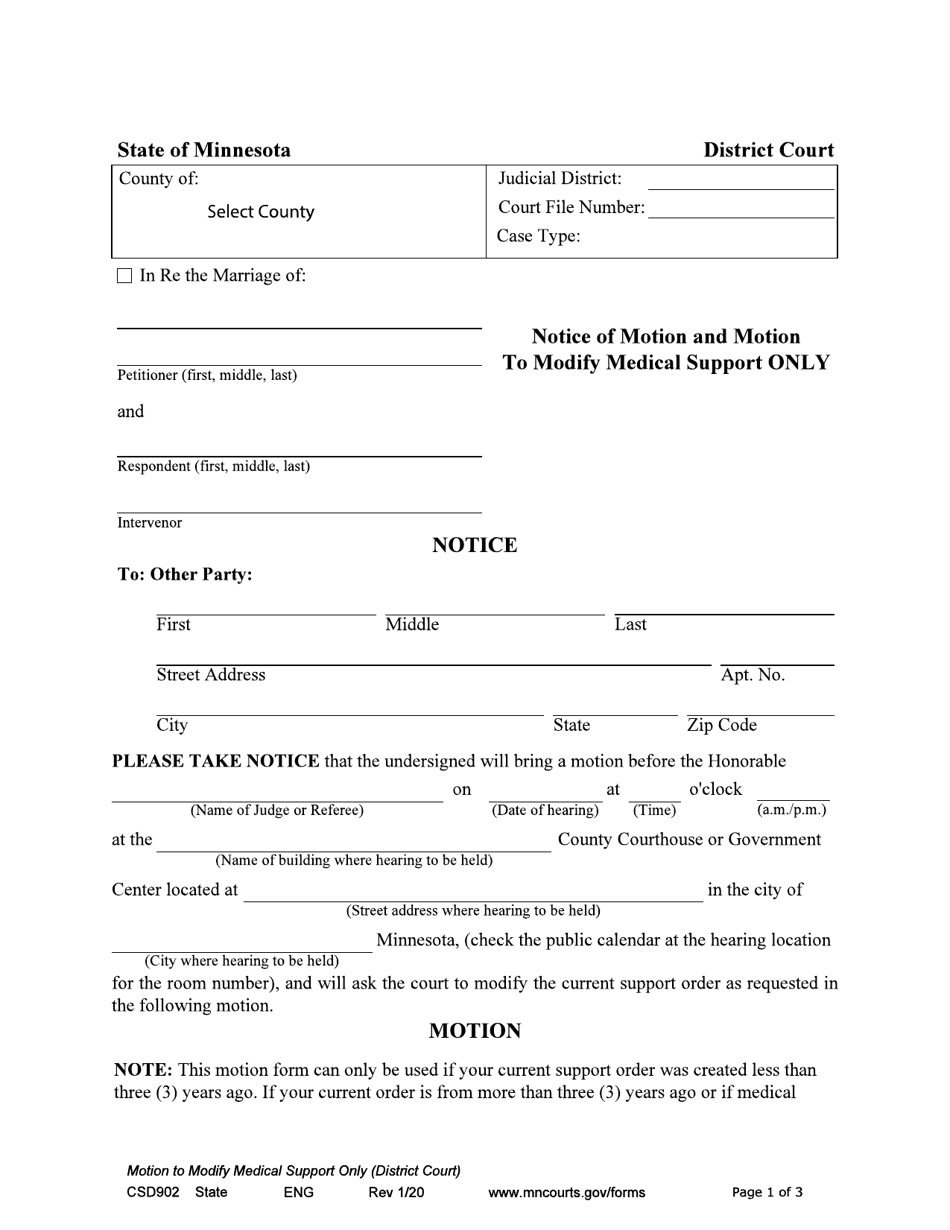Form CSD902 Notice of Motion and Motion to Modify Medical Support Only - Minnesota, Page 1